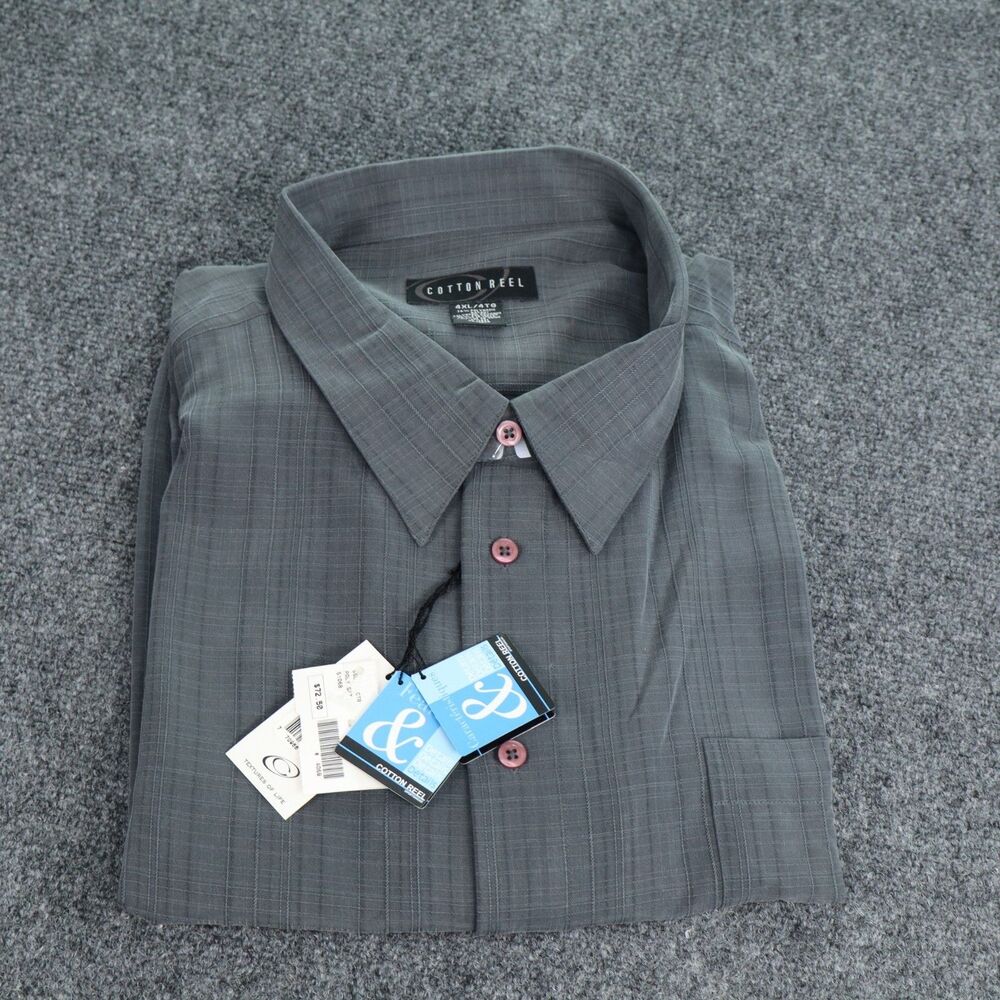 NWT Cotton Reel Shirt Mens 4XL Gray Windowpane Button Down Long Sleeve Casual
